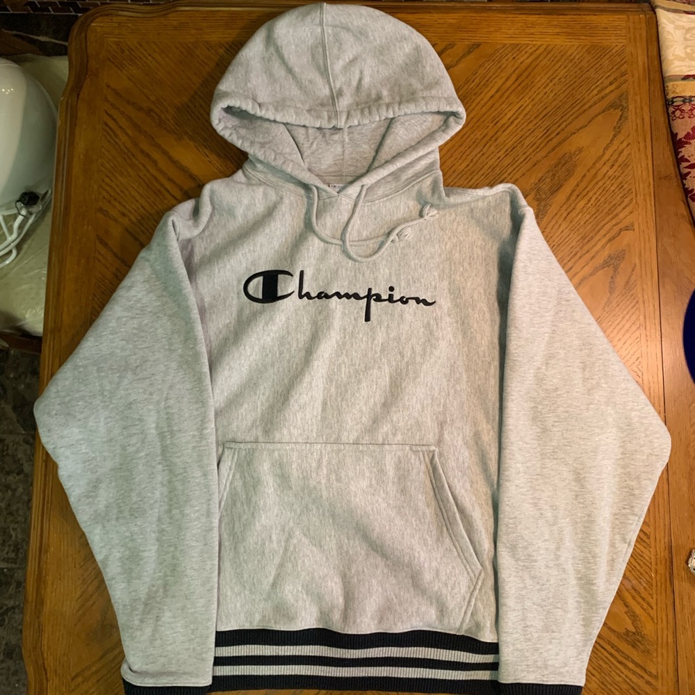 Champion Reverse Weave Pullover Grey WithBlack Striped Rib Trim Hoodie Large